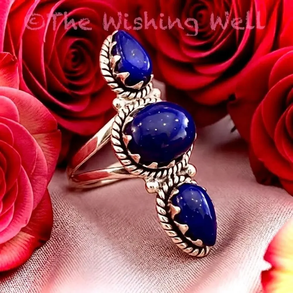 Artisan Crafted Lapis Lazuli Pyrite Sparkle Sterling Three Stone Ring Size 7